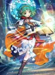 Rule 34 | 1girl, book, boots, cape, casting spell, commentary, company connection, copyright name, dress, elbow gloves, energy, fire emblem, fire emblem: thracia 776, fire emblem cipher, gloves, green eyes, green hair, hairband, holding, holding book, holding staff, kawasumi (japonica), knee boots, looking at viewer, magick, nintendo, official art, open mouth, smile, solo, staff, tina (fire emblem), wavy hair, white cape, white dress, white gloves