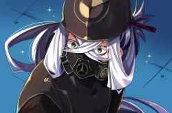 Rule 34 | 1boy, asclepius (fate), bishoujo senshi sailor moon, black hat, black jacket, colored eyelashes, commentary request, crossed bangs, derivative work, fate/grand order, fate (series), green eyes, hair between eyes, hair ribbon, hat, jacket, long hair, male focus, meme, red ribbon, respirator, ribbon, ruri rarako, sailor moon, sailor moon redraw challenge (meme), screenshot redraw, silver hair, solo, sparkle, upper body, very long hair