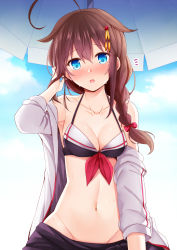Rule 34 | 1girl, adjusting hair, ahoge, alternate costume, bare shoulders, bikini, blue eyes, blush, braid, breasts, brown hair, cleavage, groin, hair flaps, hair ornament, hair over shoulder, hair ribbon, jacket, kantai collection, long hair, looking at viewer, medium breasts, off shoulder, open clothes, open jacket, open mouth, ribbon, rui shi (rayze ray), shigure (kancolle), shigure kai ni (kancolle), sidelocks, single braid, solo, straddling, swimsuit, wet