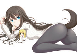 Rule 34 | 2girls, animal ears, ass, black hair, black legwear, blue eyes, blush, cigarette, elizabeth f. beurling, elma leivonen, green eyes, long hair, looking at viewer, mini person, minigirl, multiple girls, open mouth, pantyhose, rosettastone, short hair, strike witches, strike witches: suomus misfits squadron, sweater, tail, white background, world witches series