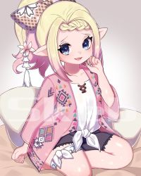 Rule 34 | 1girl, black shorts, blonde hair, blue eyes, bow, braid, commission, elf, final fantasy, final fantasy xiv, flower, hair bow, hair flower, hair ornament, hand on own face, highres, long hair, looking at viewer, open mouth, original, pillow, pink shirt, pointy ears, ponytail, ribbon, shirt, short shorts, shorts, sitting, skeb commission, smile, solo, thighs, warrior of light (ff14), watermark, white shirt, yuma (pixiv38148735)