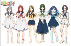 Rule 34 | 6+girls, ankle ribbon, anklet, barefoot, black border, black hair, blue eyes, blue hair, border, bow, brown hair, dress, feet, green eyes, green hair, grey eyes, grey hair, hair bow, hat, jewelry, leg ribbon, lineup, low twintails, matsuki (mikipingpong), multiple girls, original, pleated skirt, red eyes, red hair, ribbon, sailor collar, sailor dress, sailor hat, shorts, skirt, smile, twintails, yellow eyes