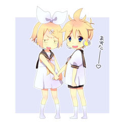 Rule 34 | 1boy, 1girl, ahoge, angry, blonde hair, blue eyes, blush, brother and sister, child, dress, hair ornament, hairclip, hairpin, holding hands, headphones, kagamine len, kagamine rin, microphone, ousaka nozomi, ponytail, ribbon, short hair, shorts, siblings, twins, vocaloid, aged down