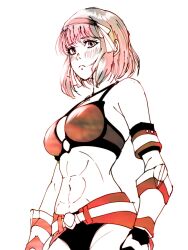 Rule 34 | 1girl, abs, armor, bare shoulders, bikini armor, breasts, fire emblem, fire emblem engage, hairband, highres, lapis (fire emblem), looking at viewer, mayan someya, nintendo, pink eyes, pink hair, short hair, small breasts, solo