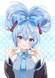 Rule 34 | 1girl, alternate hairstyle, aqua nails, aqua necktie, bare shoulders, black sleeves, blue bow, blue eyes, blue hair, blush, bow, breasts, cinnamiku, collared shirt, detached sleeves, fingers to cheeks, folded twintails, grey shirt, hair between eyes, hair bow, hair ornament, hatsune miku, highres, hinota (hkgskd), long hair, looking at viewer, medium breasts, necktie, parted lips, shirt, sidelocks, sleeveless, sleeveless shirt, smile, solo, upper body, vocaloid, wide sleeves