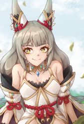 Rule 34 | 1girl, animal ears, bare shoulders, brown eyes, brown hair, cat ears, cat girl, chest jewel, closed mouth, dress, eondriver, highres, leaf, long hair, looking at viewer, nia (blade) (xenoblade), nia (xenoblade), off-shoulder dress, off shoulder, petals, smile, solo, spoilers, twintails, upper body, white dress, xenoblade chronicles (series), xenoblade chronicles 2