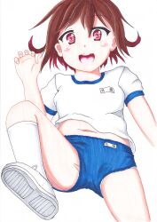 Rule 34 | 1girl, absurdres, blush, brown hair, buruma, ears, fang, female focus, gym uniform, hair between eyes, highres, kantai collection, looking at viewer, mutsuki (kancolle), navel, open mouth, red eyes, shoes, short hair, short sleeves, sidelocks, simple background, socks, solo, teeth, tongue, upper teeth only, white background, wind, wind lift
