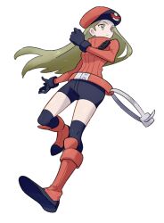 Rule 34 | 1girl, belt, belt buckle, beret, bike shorts, black gloves, blonde hair, boots, buckle, closed mouth, commentary request, creatures (company), floating hair, full body, game freak, gloves, hat, high collar, highres, jacket, long hair, nintendo, over-kneehighs, pokemon, pokemon ranger (pokemon), pokemon xy, red belt, red footwear, red hat, red jacket, rii (mrhc7482), simple background, solo, thighhighs, white background, yellow eyes