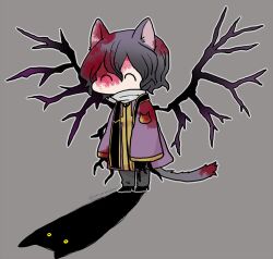 ^_^ animal_ears black_background black_hair black_pants blood blood_in_hair blood_on_clothes blood_on_face blood_on_tail cat_boy cat_ears cat_tail closed_eyes coat commentary_request deformed gold_trim hair_between_eyes kemonomimi_mode long_sleeves male_focus no_mouth outline pants purple_coat saibou_shinkyoku shin_ryouji shirt short_hair simple_background stole tail utsugi_noriyuki white_outline white_shirt