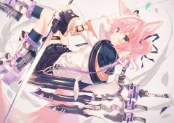 Rule 34 | 1girl, animal ears, armor, armored boots, black ribbon, black skirt, black socks, blue eyes, blush, boots, closed mouth, crossed bangs, dutch angle, fox ears, fox girl, fox tail, from side, gun sling, hair between eyes, hair ribbon, hand up, holding, holding sword, holding weapon, katana, kneehighs, knees together feet apart, looking at viewer, looking back, mecha musume, misaki yuu, multiple swords, original, pink hair, pleated skirt, ribbon, school uniform, serafuku, skirt, socks, solo, sword, tail, thick eyebrows, thigh strap, twintails, two side up, weapon