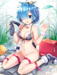 Rule 34 | 1girl, absurdres, ahoge, animal ears, bag, bikini, black bikini, blue eyes, blue hair, blush, bottomless, breasts, cat ears, cat tail, cleavage, collarbone, commentary request, fangs, hair ornament, hair over one eye, hair ribbon, highres, large breasts, looking at viewer, mole, mole on breast, mole on stomach, navel, on ground, pedo0201, pink ribbon, re:zero kara hajimeru isekai seikatsu, red bag, rem (re:zero), ribbon, shoes, short hair, sitting, solo, swimsuit, tail, water, x hair ornament, yellow headwear
