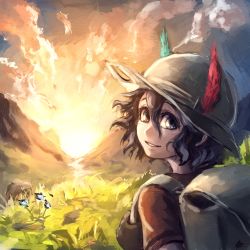Rule 34 | 10s, 1girl, backpack, bag, black eyes, black hair, bucket hat, ceramic man, cloud, faux traditional media, gloves, grass, hat, hat feather, highres, hill, kaban (kemono friends), kemono friends, looking at viewer, looking back, signature, smile, solo, sunlight, sunrise, texture, upper body, valley