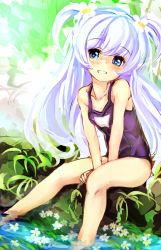 Rule 34 | 1girl, baikamo (flower knight girl), blue eyes, flower, flower knight girl, hair flower, hair ornament, leaf, long hair, looking at viewer, nature, one-piece swimsuit, purple one-piece swimsuit, purple school swimsuit, school swimsuit, silver hair, sitting, smile, solo, swimsuit, takabow, two side up, v arms