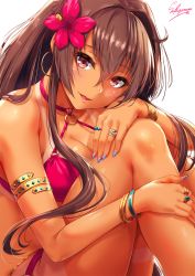 Rule 34 | 1girl, armlet, artist name, bikini, blue nails, blush, bracelet, breasts, brown hair, cleavage, collarbone, criss-cross halter, earrings, flower, hair between eyes, hair flower, hair intakes, hair ornament, halterneck, hand on own knee, highres, hoop earrings, jewelry, kantai collection, knees up, large breasts, lips, long hair, looking at viewer, nail polish, o-ring, o-ring bikini, open mouth, pink bikini, purple eyes, ring, sakiyamama, sidelocks, simple background, smile, solo, swimsuit, tan, tanline, thigh strap, very long hair, white background, yamato (kancolle)
