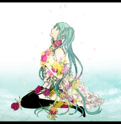 Rule 34 | 1girl, aqua hair, buzz (moi), closed eyes, female focus, flower, full body, garter straps, gloves, gradient background, hatsune miku, letterboxed, long hair, sitting, solo, thighhighs, twintails, very long hair, vocaloid