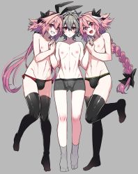 Rule 34 | 3boys, astolfo (fate), black ribbon, blush, bulge, dual persona, fang, fate/apocrypha, fate/grand order, fate (series), grey hair, grin, hair ribbon, holding hands, haoro, highres, leg up, long hair, male focus, multiple boys, nipples, open mouth, panties, pink hair, purple eyes, red eyes, ribbon, sieg (fate), smile, thighhighs, trap, underwear, very long hair