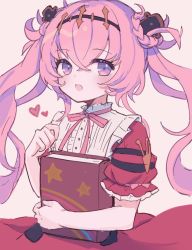Rule 34 | 1girl, :d, black hairband, blush, book, braid, brown background, dress, fran (shadowverse), hair between eyes, hairband, heart, highres, holding, holding book, karunabaru, long hair, looking at viewer, open mouth, pink hair, puffy short sleeves, puffy sleeves, purple eyes, red dress, shadowverse, short sleeves, simple background, smile, solo, twintails, very long hair