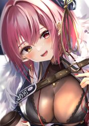 Rule 34 | 1girl, black bra, blush, bra, breasts, comiket 102, commentary request, earrings, fur-trimmed jacket, fur trim, hair between eyes, heterochromia, highres, hololive, houshou marine, houshou marine (businesswoman), jacket, jewelry, large breasts, looking at viewer, mikazuki cocolo, necklace, open mouth, red eyes, red hair, short hair, sidelocks, solo, teeth, underwear, virtual youtuber, yellow eyes