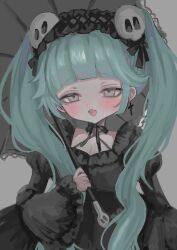 Rule 34 | 1girl, aqua hair, black dress, black hairband, blush, breasts, cleavage, criss-cross halter, cross, cross earrings, dress, earrings, frilled dress, frilled hairband, frills, gothic lolita, grey background, grey eyes, hair ornament, hairband, halterneck, highres, holding, holding umbrella, jewelry, lolita fashion, lolita hairband, long hair, long sleeves, looking at viewer, medium breasts, open mouth, original, puffy long sleeves, puffy sleeves, shiona (siona0625), skull hair ornament, solo, twintails, umbrella, upper body, very long hair, wide sleeves