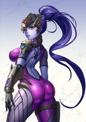 Rule 34 | 1girl, armor, ass, back, back tattoo, bodysuit, breasts, cowboy shot, earrings, gauntlets, head-mounted display, highres, jewelry, large breasts, long hair, overwatch, overwatch 1, ponytail, purple hair, solo, spider tattoo, tako seijin, tattoo, very long hair, visor, widowmaker (overwatch), yellow eyes