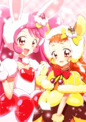 Rule 34 | 10s, 2girls, :d, a la mode style (precure), animal ears, arisugawa himari, bow, bowtie, cake, cake hair ornament, capelet, choker, collarbone, commentary request, cure custard, cure custard (a la mode style), cure whip, cure whip (a la mode style), dress, fake animal ears, food, food-themed hair ornament, fruit, fur-trimmed capelet, fur-trimmed gloves, fur trim, gloves, hair bow, hair ornament, hand up, hat, heart, holding hands, interlocked fingers, kirakira precure a la mode, light particles, long hair, looking at viewer, magical girl, multiple girls, open mouth, orange hair, pink background, pink bow, pink choker, pink dress, pink hair, plaid, plaid background, pom pom (clothes), precure, pudding, rabbit ears, red bow, red eyes, red neckwear, revision, short eyebrows, short sleeves, smile, sparkle, squirrel ears, strawberry, strawberry shortcake, twintails, upper body, usami ichika, white gloves, white hat, yellow bow, yellow capelet, yellow dress, yellow gloves, yellow hat, yuto (dialique)