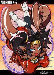1girl android android_x-2_(poicapz) animal_print black_border black_hair black_pantyhose blue_eyes boots border bracelet brown_nails character_name commentary_request commission dark-skinned_female dark_skin dragon_ball earrings fang from_above gold_bracelet gold_earrings gold_hairband hairband halftone hands_on_own_cheeks hands_on_own_face heart high_heel_boots high_heels highres hoop_earrings jacket jewelry leather leather_jacket looking_to_the_side looking_up lying mechanical_tail nail_polish on_stomach open_mouth original pantyhose pillow pointy_ears red_jacket red_skirt sakaikurinea short_twintails signature skeb_commission skirt solo tail tiger_print twintails white_footwear