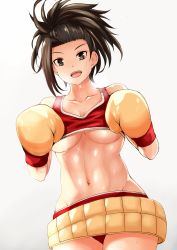 Rule 34 | 10s, 1girl, :d, bare shoulders, belt, blush, boku no hero academia, boxing gloves, breasts, brown eyes, brown hair, buruma, cleavage, collarbone, commentary request, commission, cowboy shot, crop top, crop top overhang, dutch angle, forehead, from below, gradient background, highres, looking at viewer, looking down, medium breasts, navel, nonoririn, open mouth, partial commentary, ponytail, red buruma, smile, solo, sparkle, stomach, sweat, teeth, toned, underboob, upper teeth only, white background, yaoyorozu momo