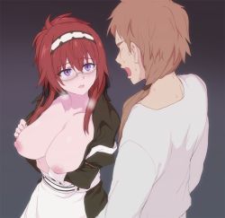 Rule 34 | 1boy, 1girl, blush, breasts, breasts out, brown hair, glasses, grey background, hairband, large breasts, lillia greyrat, long hair, looking at another, looking at breasts, maid, mushoku tensei, nervous, nipples, open mouth, paul greyrat, peeking, purple eyes, red hair, red hari, simple background, sweat