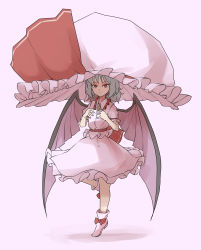 Rule 34 | 1girl, absurdres, dress, frilled shirt, frilled shirt collar, frilled sleeves, frills, full body, hat, hat ribbon, highres, looking at viewer, medium hair, mob cap, oversized hat, peroponesosu., red eyes, red ribbon, remilia scarlet, ribbon, shirt, short sleeves, solo, standing, standing on one leg, touhou, wings