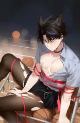 Rule 34 | 1boy, absurdres, animal ears, ball, bandaid, bandaids on nipples, basketball (object), between legs, black choker, black hair, black pantyhose, black skirt, blue eyes, blue shirt, choker, clenched teeth, collared shirt, condom, crossdressing, cum, cum on chest, cum on skirt, facial, from above, frown, glaring, gym, hand between legs, highres, jump rope, knee up, looking at viewer, male focus, open clothes, open shirt, original, pantyhose, parted bangs, pasties, pectorals, red rope, rope, rope around waist, shirt, short hair, short sleeves, sitting, sitting on object, skirt, solo, teeth, timy505, torn clothes, torn pantyhose, yaoi