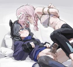 2girls a_tea arknights arms_behind_back bdsm black_pants blue_eyes blue_poison_(arknights) blush bondage bound braid breasts crop_top futanari girl_on_top glaucus_(arknights) grey_hair imminent_penetration lying medium_breasts multiple_girls on_bed pants penis pillow pink_hair squatting testicles twin_braids