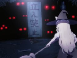 Rule 34 | 1girl, black hat, black skirt, blonde hair, blurry, blurry foreground, bone, bow, broom, commentary request, cowboy shot, from behind, glowing, hat, hat bow, holding, holding broom, kirisame marisa, long hair, mushroom, red eyes, shirosato, shirt, sign, skirt, solo, standing, touhou, translation request, very long hair, white bow, white shirt, witch hat
