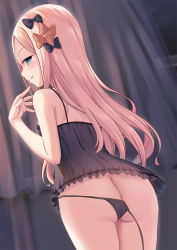 Rule 34 | 1girl, abigail williams (fate), ass, babydoll, back, bare shoulders, black bow, black panties, blonde hair, blue eyes, blush, bow, breasts, butt crack, fate/grand order, fate (series), forehead, hair bow, highres, licking lips, long hair, looking at viewer, looking back, milkshakework, multiple bows, orange bow, panties, parted bangs, side-tie panties, sidelocks, small breasts, smile, solo, thighs, tongue, tongue out, underwear, untied panties