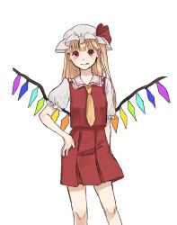 Rule 34 | 1girl, :p, alternate hair length, alternate hairstyle, arm at side, blunt bangs, contrapposto, crystal, eyelashes, feet out of frame, flandre scarlet, frilled shirt collar, frills, hand on own hip, hat, highres, karura 2344, long hair, looking at viewer, mob cap, nail polish, necktie, pleated skirt, puffy short sleeves, puffy sleeves, red eyes, red nails, red skirt, red vest, short sleeves, simple background, skirt, skirt set, solo, standing, tongue, tongue out, touhou, very long hair, vest, white background, white hat, wings, yellow necktie