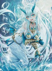 Rule 34 | 1girl, absurdres, bad id, bad twitter id, bare shoulders, blue eyes, blue hair, blush, breasts, choker, diamond-shaped pupils, diamond (shape), dress, elbow gloves, fang, fingernails, gauntlets, gloves, highres, horns, large breasts, light blue hair, long fingernails, long hair, looking at viewer, okazu (eightstudio), open mouth, original, scales, solo, symbol-shaped pupils, teeth, water