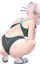 Rule 34 | 1girl, absurdres, ass, black one-piece swimsuit, black ribbon, blue eyes, closed mouth, competition swimsuit, fate/grand order, fate (series), from behind, hair between eyes, hair ribbon, highres, long hair, looking at viewer, looking back, miyamoto musashi (fate), miyamoto musashi (fate/grand order), miyamoto musashi (swimsuit berserker) (fate), miyamoto musashi (swimsuit berserker) (first ascension) (fate), one-piece swimsuit, ribbon, rin (fimoxrin), shoulder blades, sidelocks, simple background, solo, squatting, swimsuit, white background, white hair, wristband
