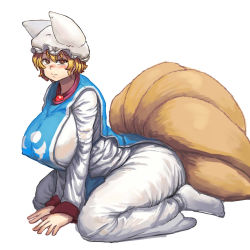 Rule 34 | 1girl, animal ears, animal hat, bent over, blonde hair, blush, breasts, breasts squeezed together, breath, brown eyes, chanta (ayatakaoisii), cleavage, commentary request, curvy, dress, female focus, fox ears, fox tail, from side, hat, highres, hip focus, huge breasts, kneeling, large breasts, looking at viewer, mob cap, multiple tails, seiza, short hair, sideboob, simple background, sitting, socks, solo, tabard, tail, thick thighs, thighs, touhou, white background, white dress, white socks, wide hips, yakumo ran