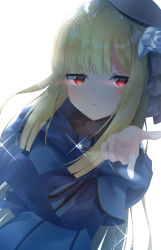 Rule 34 | 1girl, beret, black bow, black hat, blonde hair, blue coat, blue flower, blue rose, blush, bow, coat, commentary request, fate (series), flower, hair bow, hair flower, hair ornament, hand up, hat, highres, long hair, long sleeves, looking at viewer, lord el-melloi ii case files, parted lips, red eyes, reines el-melloi archisorte, rose, simple background, smirk, solo, suisen-21, tilted headwear, v-shaped eyebrows, very long hair, white background