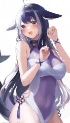Rule 34 | 1girl, :d, animal ears, belt collar, black hair, blue collar, blue nails, blush, body markings, breasts, cetacean tail, cleavage, collar, commentary, covered navel, fangs, fins, fish tail, highres, indie virtual youtuber, large breasts, long hair, looking at viewer, multicolored hair, nail polish, navel, o cha (seyc3447), one-piece swimsuit, open mouth, orca girl, purple eyes, see-through, see-through cleavage, see-through swimsuit, shylily, shylily (3rd costume), smile, streaked hair, swimsuit, symbol-only commentary, tail, virtual youtuber, white hair, white one-piece swimsuit