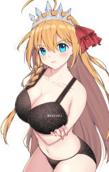 Rule 34 | 1girl, ahoge, arm under breasts, arms under breasts, artist name, bare arms, bare shoulders, black bra, black panties, blue eyes, blush, bra, braid, breasts, cleavage, closed mouth, collarbone, commentary request, cowboy shot, crossed arms, hair ornament, hair ribbon, lace, lace-trimmed bra, lace bra, lace trim, large breasts, lixiao lang, long hair, looking at viewer, nail polish, navel, orange hair, panties, pecorine (princess connect!), princess connect!, red ribbon, ribbon, side braid, simple background, skindentation, solo, stomach, tiara, underwear, underwear only, very long hair, white background