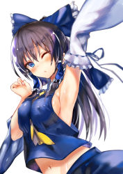 Rule 34 | 1girl, ;o, alternate color, amamitsu kousuke, arm up, armpits, bare shoulders, between breasts, black hair, blue bow, blue eyes, blue ribbon, blue skirt, blurry, blush, bow, breast press, breasts, covered erect nipples, depth of field, detached sleeves, fingernails, frilled bow, frilled sleeves, frills, hair ribbon, hair tubes, hakurei reimu, highres, long hair, long sleeves, looking at viewer, medium breasts, navel, neckerchief, no bra, one eye closed, parted lips, ribbon, ribbon-trimmed sleeves, ribbon trim, shiny skin, sideboob, skirt, solo, stomach, sweat, touhou, upper body, yellow neckerchief