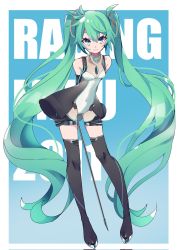 Rule 34 | 1girl, absurdly long hair, aqua hair, blue background, character name, covered navel, dated commentary, english text, full body, goodsmile racing, hatsune miku, highres, kusunokimizuha, long hair, looking at viewer, racing miku, racing miku (2011), simple background, solo, very long hair, vocaloid, wavy hair
