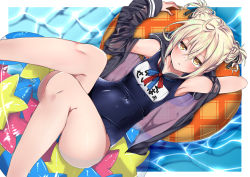 Rule 34 | 1girl, ahoge, artoria pendragon (fate), black one-piece swimsuit, black ribbon, blonde hair, blue one-piece swimsuit, braid, breasts, collarbone, competition swimsuit, covered navel, fate/grand order, fate (series), glasses, hair ribbon, innertube, jacket, long hair, long sleeves, looking at viewer, meimuu, mysterious heroine x alter (fate), one-piece swimsuit, open clothes, open jacket, ribbon, skindentation, small breasts, swim ring, swimsuit, yellow eyes