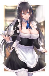 Rule 34 | 1girl, ascot, black hair, blue ascot, blue eyes, blue ribbon, breasts, cleavage, closed mouth, cup, hair between eyes, hair ribbon, highres, holding, large breasts, long hair, long sleeves, looking at viewer, maid, maid headdress, onineko-chan, original, pantyhose, ribbon, smile, solo, standing, teacup, white pantyhose