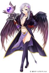 Rule 34 | 1girl, black coat, black footwear, black wings, boots, breasts, choker, cleavage, coat, copyright name, feathered wings, full body, fur trim, gloves, grey hair, hair ornament, hand on own hip, hera (hoshi no girls odyssey), holding, holding staff, hoshi no girls odyssey, large breasts, long hair, looking at viewer, minamoto mamechichi, official art, purple skirt, red gloves, grey eyes, simple background, skirt, smile, solo, staff, standing, thigh boots, thighhighs, white background, wings