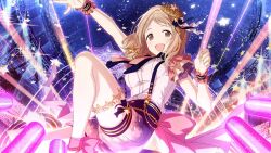 Rule 34 | 1girl, :d, arm up, bare legs, beads, blouse, blue shorts, blush, bow, breasts, brown eyes, brown hair, crowd, frilled sleeves, frills, game cg, glowstick, gold trim, hair ornament, hair ribbon, idolmaster, idolmaster shiny colors, jumping, knee up, light brown hair, looking at viewer, medium breasts, medium hair, official art, open mouth, penlight (glowstick), ribbon, sakuragi mano, shirt, shorts, sky, smile, solo focus, stage, star (sky), starry sky, suspenders, third-party source, white shirt, wrist cuffs