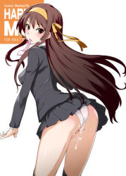 Rule 34 | 10s, 1girl, alternate costume, alternate hairstyle, arched back, ass, black socks, blazer, blush, brown eyes, brown hair, comiket, condom, condom in mouth, cover, cover page, cum, cum on ass, cum on body, cum on lower body, embarrassed, from behind, hair between eyes, hair ribbon, hairband, highres, isao, jacket, kneehighs, kouyouen academy school uniform, leaning forward, long hair, looking at viewer, looking back, miniskirt, mouth hold, official alternate hair length, official alternate hairstyle, panties, pleated skirt, pointless condom, profile, ribbon, school uniform, sidelocks, simple background, skirt, socks, solo, standing, suzumiya haruhi, suzumiya haruhi no shoushitsu, suzumiya haruhi no yuuutsu, thighs, transparent, underwear, upskirt, used condom, very long hair, white background, white panties, yellow eyes