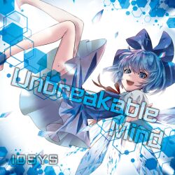 Rule 34 | 1girl, album cover, bare legs, barefoot, blonde hair, blue bow, blue dress, blue eyes, blue hair, bow, bowtie, circle name, cirno, cover, dress, english text, eyelashes, fairy wings, feet out of frame, from side, game cg, hair bow, ice, ice wings, iosys, looking at viewer, official art, open mouth, outstretched arm, puffy short sleeves, puffy sleeves, red bow, red bowtie, sanamisa, shirt, short dress, short hair, short sleeves, sleeveless, sleeveless dress, smile, solo, teeth, touhou, touhou cannonball, triangle print, upper teeth only, white background, white shirt, wings