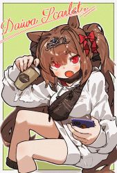 Rule 34 | 1girl, :o, amonitto, animal ears, blush, bow, breasts, brown hair, character name, coffee cup, cropped legs, cup, daiwa scarlet (umamusume), disposable cup, drawstring, fang, fanny pack, green background, hair between eyes, hair bow, hair intakes, highres, holding, holding cup, holding phone, hood, hood down, hoodie, horse ears, horse girl, horse tail, long hair, long sleeves, looking at viewer, mask, mask pull, medium breasts, mouth mask, open mouth, phone, red bow, red eyes, sitting, sleeves past wrists, solo, tail, tiara, twintails, umamusume, very long hair, white hoodie