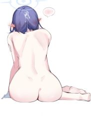 Rule 34 | 1girl, aoi (blue archive), ass, back, barefoot, blue archive, blue hair, blush, completely nude, cum, cum on hair, ear blush, earrings, feet, from behind, gloves, halo, highres, jewelry, leaning forward, nude, pointy ears, short hair, shoulder blades, simple background, sitting, sketch, so dasui1, soles, solo, spoken blush, toes, white gloves, yokozuwari